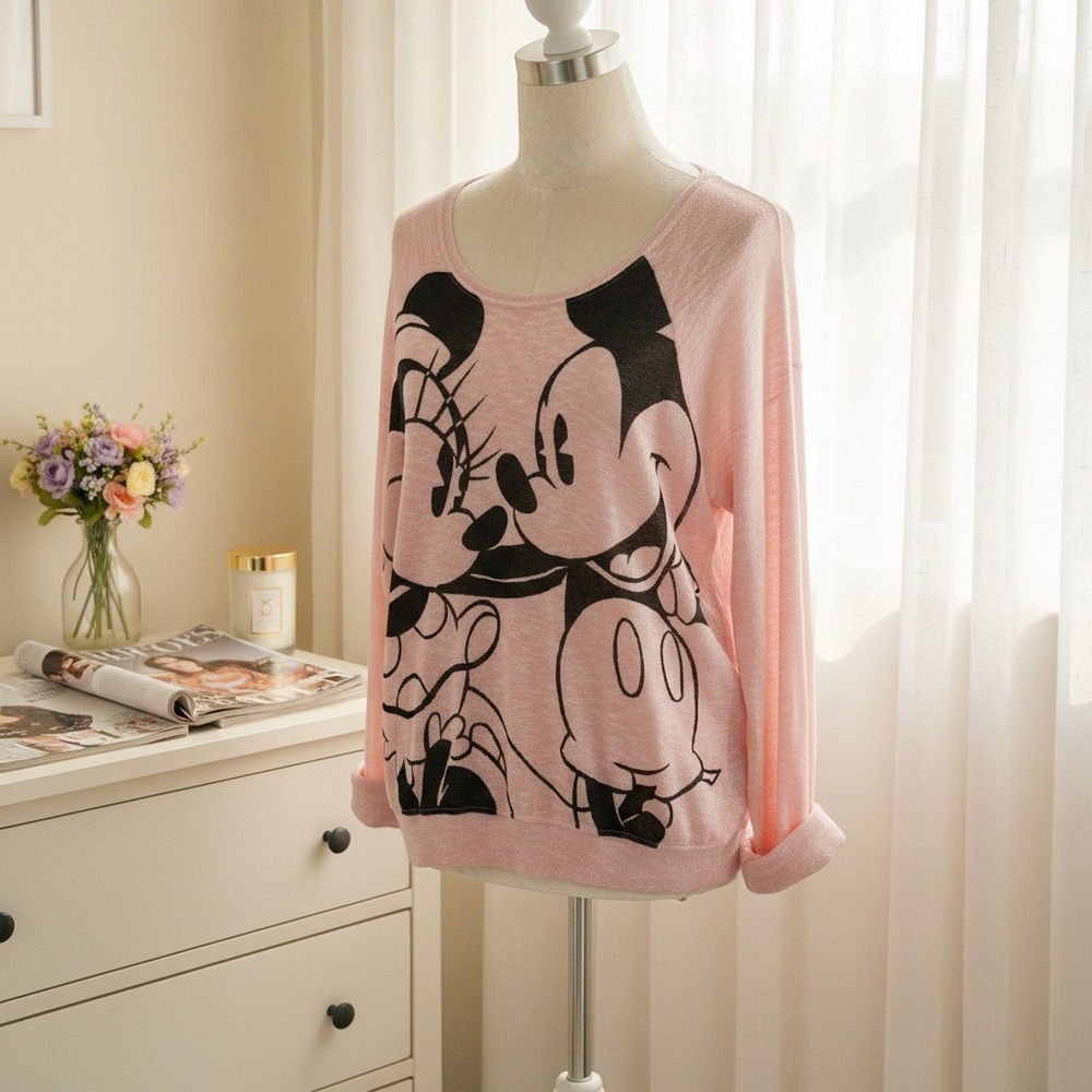 Disney Parks XL Knit Top Pink Pullover Sweater Mickey‎ Minnie Mouse Lightweight